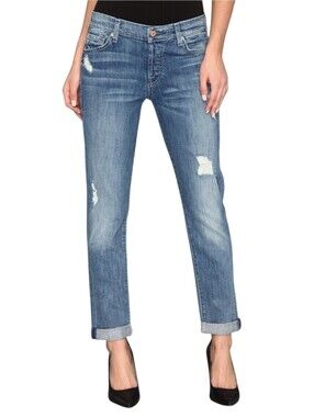7 For All Mankind Josefina Blue Boyfriend Skinny Distressed Denim Jeans Women 32